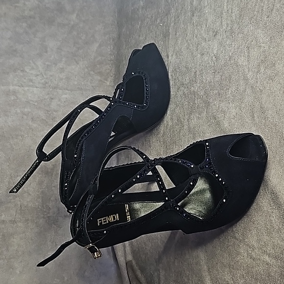 Fendi Shoes - Fendi Dark Navy Crystal Blue Rhinestones Suede Leather Buckle Strappy Open Toe